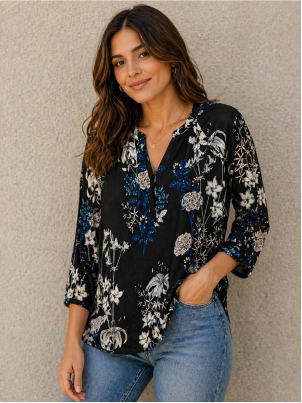 Banana Republic Floral Blouse XS Petite Black Blue 3/4 Sleeve Lightweight Top